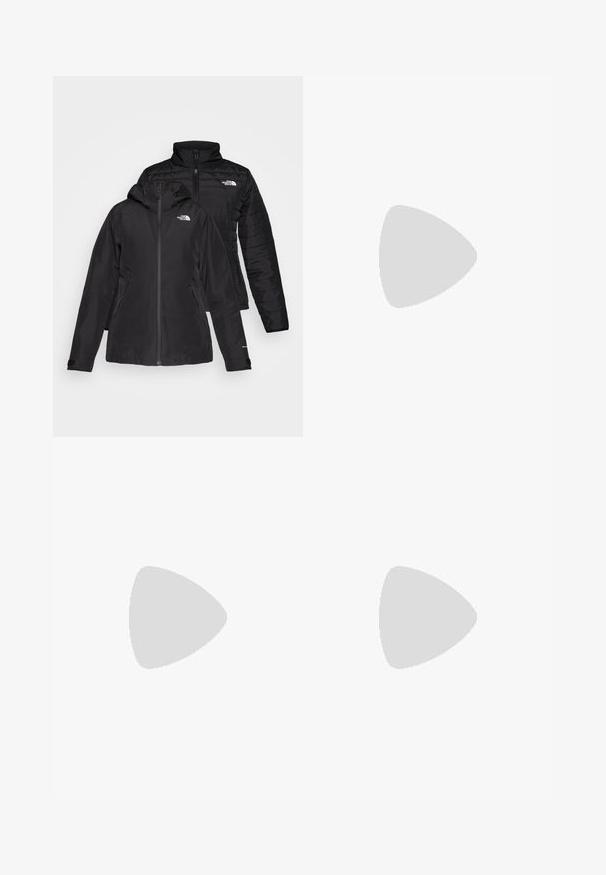 Schwarze Zwei-in-Eins-Jacke mit einer wasserdichten Außenlage und einer Kapuze sowie einer wattierten Innenlage. Beide Lagen verfügen über einen Reißverschluss und Logos.; The North Face SHADOW LONG SLEEVE - Langarmshirt - black; Weiße Skihosen mit schwarzen Akzenten, aus wasserdichtem Material. Verfügt über Cargo-Taschen und ein gerades Bein-Design. Logo auf dem linken Oberschenkel.; Halbhoher Wanderschuh in Schwarz und Grau. Merkmale sind ein strukturiertes Obermaterial, eine verstärkte Zehenkappe und eine Vibram-Sohle für besseren Halt. Leichtes Design.