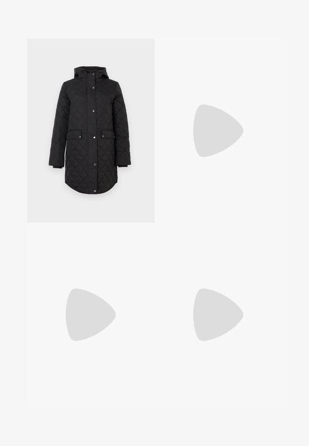 Black quilted jacket with a hood, featuring snap buttons and two front pockets, designed with a longer length and a rounded hem.; Two long-sleeve tops, one in white and one in black. Both feature round necklines and decorative zippers at the shoulder. Smooth fabric.; Black high-waisted wide-leg jeans made from denim, featuring a classic five-pocket design and subtle stitching details.; Black ankle boot made of glossy material with a square toe and tapered heel, set against a shiny silver tufted background.