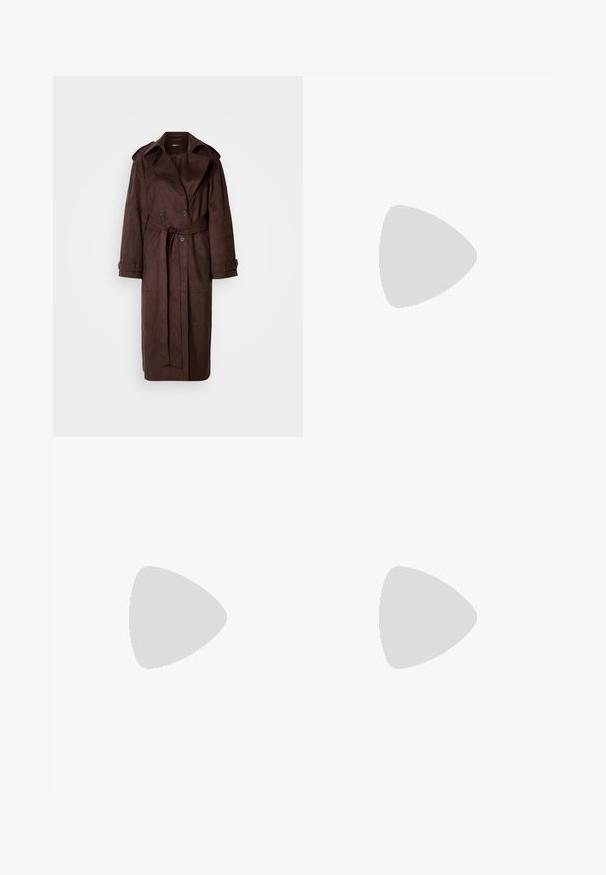 Brown suede trench coat with a double-breasted front, large collar, belted waist, and side pockets. Features buttoned cuffs and a smooth texture.; White linen shirt with short sleeves, featuring gathered sides and a drawstring detail at the hem for adjustable fit.; Beige heeled sandals with a block heel, strappy design, and adjustable ankle strap, made of smooth synthetic material with a matte finish.; Tan suede handbag with two long handles, rectangular shape, and decorative stitching. Features a side strap and subtle gold hardware accents.