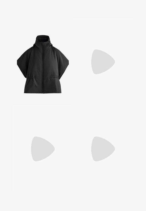 Černá prošívaná bunda s vysokým límcem, velkými rukávy a centrálním zipem. Obsahuje boční kapsy a hladký, matný povrch.; Bílé bavlněné tričko, krátké rukávy, kulatý výstřih, uvolněný střih, hladká textura, bez vzorů nebo akcentů, jednoduchý design, univerzální styl.; Šedé plavkové šortky s bílými bočními panely, s jednoduchým, moderním designem a pohodlným střihem, vhodné pro vodní aktivity.; HOKA SPEEDGOAT 6 - Běžecké boty do terénu - varsity blue/meteor