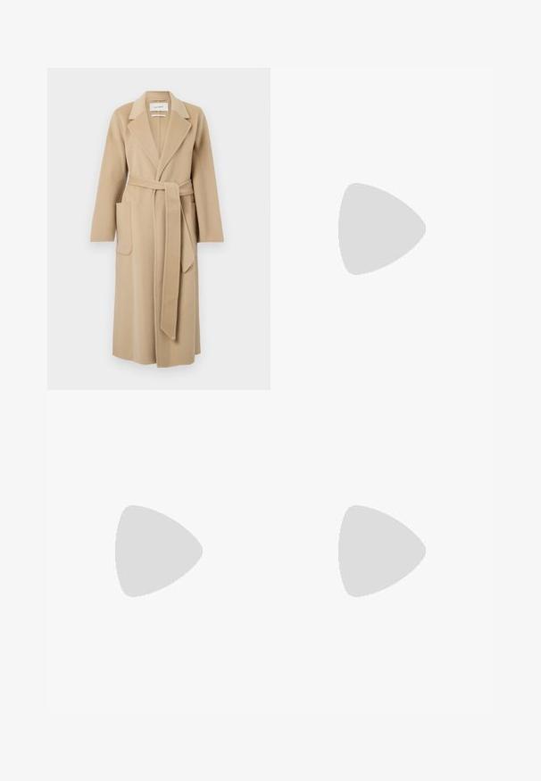 Hosszú bézs gyapjú kabát széles hajtókákkal, két elülső zsebbel és derékban megkötött, hozzáillő övvel.; Calvin Klein SLEEVELESS - Felső - black; Tengerészkék, teljes hosszúságú szoknya texturált anyagból, rugalmas derékrésszel és finom függőleges csíkozással.; Magas fekete bőrcsizma áramvonalas dizájnnal, hegyes orral és arany lánc díszítéssel a bokán. Alacsony, tömbsarkú. Sima felület.