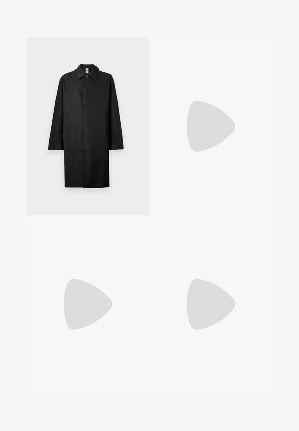Black long coat with a classic collar, single visible button at the neck, side pockets, and concealed front closure.; Black cotton t-shirt, short sleeves, crew neckline, solid color, lightweight fabric, smooth texture, no visible patterns or graphics.; Gray denim jeans with a straight cut, five-pocket design, and button-fly closure; no visible patterns or accents; slightly faded finish.; Black leather dress shoe with a smooth finish, rounded toe, lace-up design, and understated rubber sole for traction.