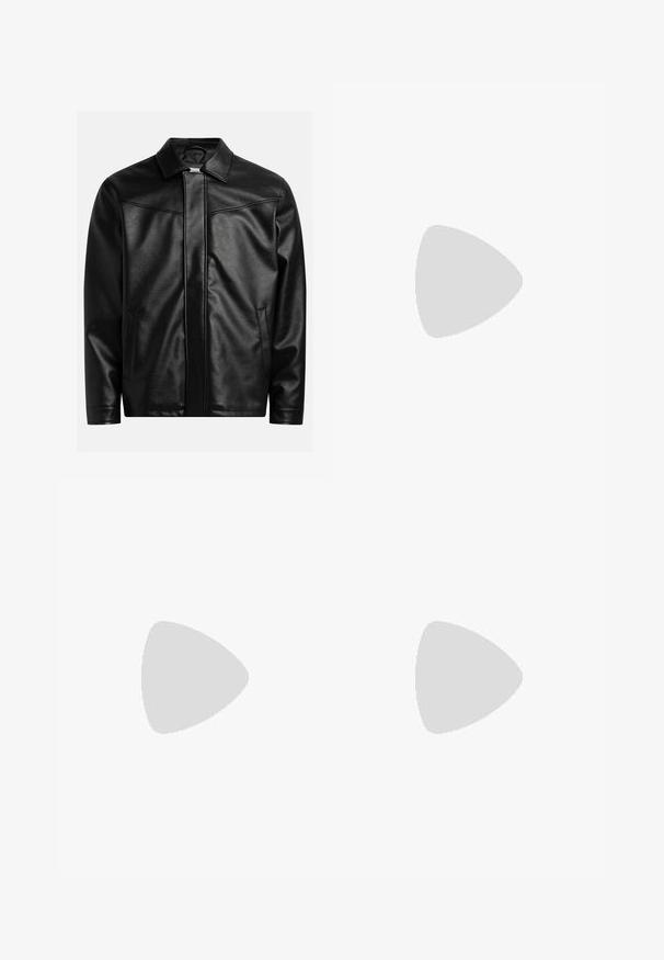 Chaqueta de cuero negro con cuello puntiagudo, cremallera frontal y dos bolsillos laterales. Textura suave y diseño minimalista sin marcas visibles.; Camiseta negra de manga corta hecha de tela acanalada. Presenta un cuello redondo y un corte relajado con una textura suave. Vista trasera únicamente.; Pantalones negros de tela duradera, con un diseño de pierna recta, detalles cosidos y dos bolsillos frontales para mayor funcionalidad.; Zapatillas de cuero con un esquema de colores negro y crema, que cuentan con acentos perforados, un collar acolchado y una suela texturizada.