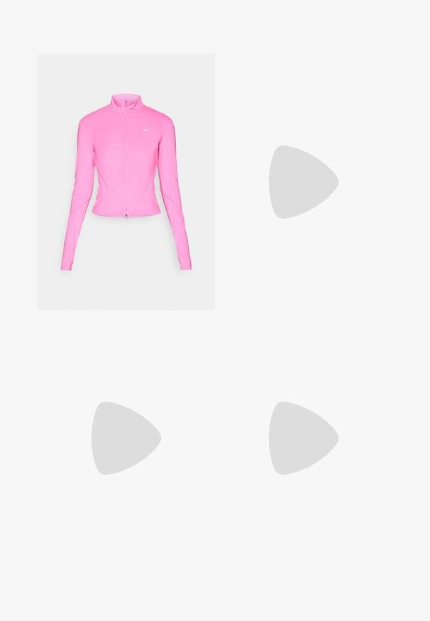 Pink athletic jacket with a stand-up collar, long sleeves, and a front zipper. Features a small silver logo on the left chest. Smooth texture.; Nike T-shirt in white, short sleeves, round neckline, made from a smooth, lightweight fabric. Features a subtle logo on the chest.; Purple high-waisted leggings with a drawstring closure, featuring a smooth texture and side pockets for added functionality.; White athletic shoe with mesh upper, rounded toe, and textured sole. Features a silver Nike swoosh and minimalistic design.