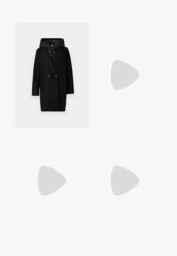 Vero Moda VMGRACE COAT - Manteau d'hiver - black; Pull noir gris, ample, encolure boule, fabriqué en matériau tricoté doux, avec des manches longues et un ourlet côtelé ; texture lisse, design minimaliste.; Pantalons gris avec une coupe droite, comprenant deux poches latérales et une fermeture à bouton. Tissu lisse sans motifs ni accents visibles.; Mocassins en cuir noir avec une texture lisse, un bout arrondi, des coutures décoratives sur le dessus, et une semelle en caoutchouc plate et basse.