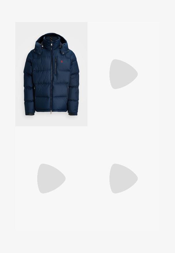 Navy blue puffer jacket with a hood, featuring a zippered front, side pockets, and a small red logo on the chest. Lightweight and textured finish.; White long-sleeve T-shirt made of cotton. Features a round neckline, ribbed cuffs, and a small navy blue polo logo on the left chest.; Light gray cotton chinos with a flat front design, belt loops, and side pockets. Smooth texture and straight leg fit.; White leather sneakers, low-top design, featuring a smooth texture, round toe, laced front, and a small embroidered logo on the side.