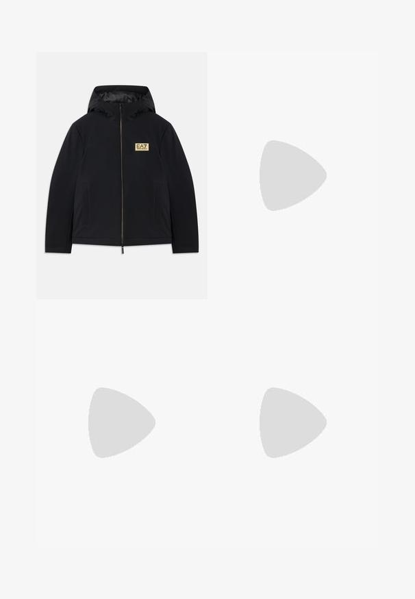 Black insulated jacket with a hood, featuring a gold logo, front zipper, and side pockets. Smooth texture with a minimalist design.; Cream-colored oversized T-shirt made of cotton. Features short sleeves and a small black snake graphic on the left chest.; Navy blue sweatpants with white and brown side panels, elastic waistband, drawstring, and a green logo at the hip. Soft, smooth material.; Black suede sneaker with a white rubber sole, featuring tonal stitching and lace-up design. Smooth texture with a modern, streamlined shape.