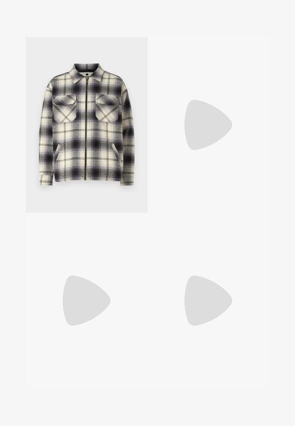 Chaqueta a cuadros en tonos crema y púrpura, con cierre de cremallera, dos bolsillos en el pecho y cuello. Tela suave y texturizada con forma cuadrada.; Camisa de manga corta, de color amarillo claro, hecha de una tela suave, con coloridos patrones florales bordados, botones y un diseño de cuello relajado.; Pantalones de algodón beige de corte recto, con bolsillos frontales y cierre de botón. Textura suave y diseño minimalista, sin patrones visibles.; Zapatilla blanca con acentos de ante, puntera redondeada, cordones planos y suela de goma color crema. Presenta un logo verde en el talón.; Bolsa de mano en tejido beige claro con un acabado texturizado, que cuenta con dos asas de cuero marrón contrastantes y acentos metálicos en la parte superior.