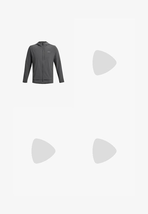 Graue Zip-Jacke mit Kapuze, aus leichtem Material gefertigt. Mit Under Armour-Logo und zwei Vorderaschen. Glatte Textur, sportlicher Schnitt.; Schwarz Baumwoll-T-Shirt mit kurzen Ärmeln und rundem Halsausschnitt. Es trägt ein weißes "Champion"-Logo, das über die Brust gedruckt ist.; Dunkelgraue Sportshorts mit elastischem Bund, verstellbarem Kordelzug und innerer Mesh-Fütterung; verfügt über dezente Markierungen am linken Bein.; Weiße Sportschuhe mit strukturiertem Mesh-Obermaterial, kombiniert mit hellblauen gerippten Socken mit einem Logo. Graue Sportshorts mit perforiertem Saum.