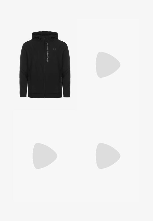 Juodas zip-up gobtuvu džemperis, pagamintas iš minkštos, lengvos medžiagos. Yra atspindintis "UNDER ARMOUR" logotipas ir glotni tekstūra.; Juodas trumpomis rankovėmis sportinis marškinėlis, pagamintas iš drėgmės sugeriančios, tamprios medžiagos. Turi apvalų iškirpimą ir mažą baltą logotipą ant krūtinės.; Mėlynos sportinės šortai su elastingu juosmeniu ir juodos spalvos logotipu. Pagaminti iš lengvos, lygaus audinio, turinčio šonines kišenes.; Juodas ir pilkas sportinis batelis su tinkleliu viršuje, atspindinčiais akcentais ir balta vidurinė dalimi. Yra tekstūruota guminė išorinė pada ir raišteliai.