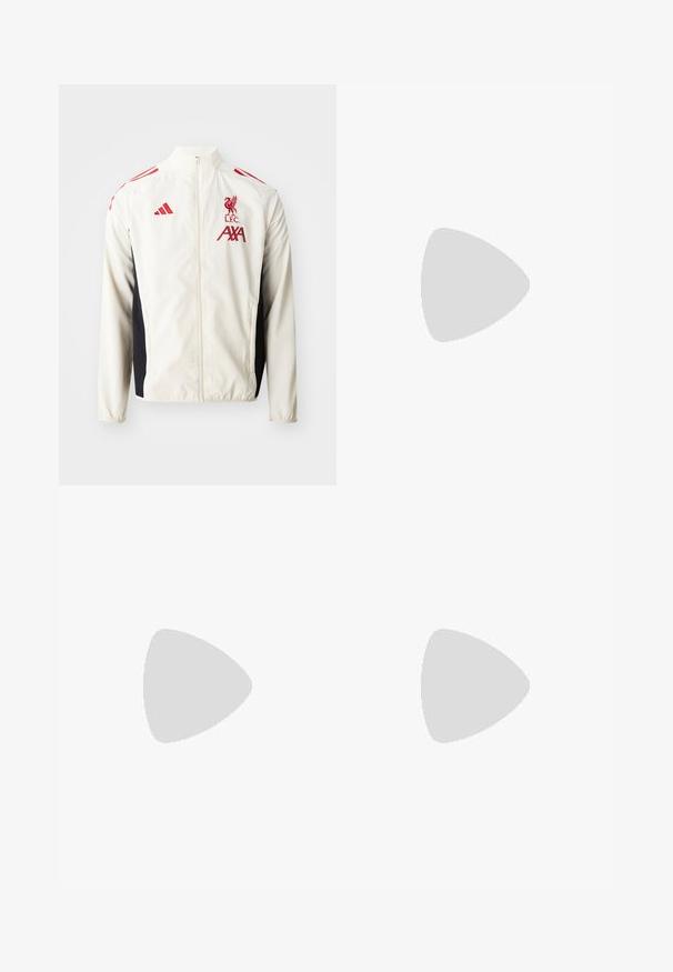 adidas Performance LIVERPOOL FC 25/26 COMPETITION PRESENTATION JACKET - Echipament cluburi fotbal - white; Tricou sportiv scurt, de culoare turcoaz deschis, cu mâneci scurte și guler rotund, având un logo alb pe umărul stâng și o textură netedă.; Pantaloni sport negru cu un brâu elastic, dungi albe pe lateral și un mic logo alb pe coapsă. Realizați dintr-un material neted și ușor.; Pantofi sport negri cu un material din plasă texturată, benzi albe de accent, o talpă cushioned și un călcâi întărit pentru suport.