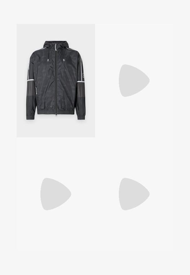 Musta kevyt takki hupulla. Ominaisuuksia ovat heijastavat yksityiskohdat, vetoketjusuljenta ja elastiset hihansuut. Rakenteellinen materiaali, jossa on logopaino.; Pikuvaalein navy-polo paita, jossa on kaulus, valkoisia ja punaisia timanttikuvioita, nappilista ja kontrastoiva punainen sisäkaulus. Lyhyet hihat.; Valkoiset verkkarit, joissa on joustava vyötärönauha, kaksi sivutaskua, mustat vetoketjuyksityiskohdat ja ribbaus nilkoissa. Sileä pinta.; Musta nahkasneakerit, joissa on teksturoitu pinta, nauhakiinnitys, matala varsi ja harmaa kumipohja, jossa on uurrettu reuna.