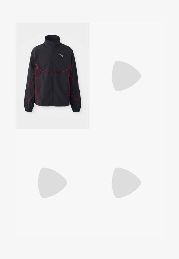 Zwarte jas met rode accenten, hoge kraag, volle rits, lange mouwen en elastische manchetten. Bevat een klein logo op de borst.; Drie witte geribde tanktops van katoen. Kenmerken zijn een ronde hals en kleine zwarte labels nabij de zoom. Verkrijgbaar in meerdere maten.; Zwarte sportbroek met een elastische taille, rode zijkanten, ritszakken en een losse pasvorm. Gemaakt van lichtgewicht, gestructureerd materiaal.; Rode suède sneakers met witte accenten, met een textuurmateriaal, ronde neus en een gouden logo aan de zijkant, gedragen met zwarte broek.