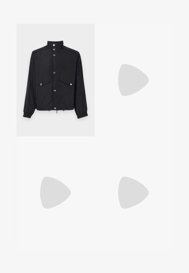 Michael Kors MOCK NECK - Summer jacket - black; Michael Kors STRIPE UNISEX - Button-down blouse - black/white; Wide-leg blue jeans made of denim with a faded finish. Features five pockets, a front button closure, and a straight cut.; White leather sneaker with a smooth finish, round toe, flat laces, and a textured sole. Features a subtle logo on the heel.