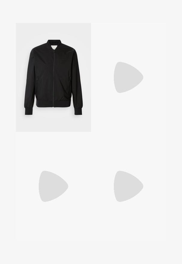 Black bomber jacket made of smooth fabric, featuring a front zipper, two side pockets, ribbed cuffs, and a round neckline. No patterns.; White cotton T-shirt featuring a round neck, short sleeves, and embroidered "Calvin Klein" logo at the chest center. Plain design.; Dark blue denim jeans with a leather BOSS label, featuring a single back pocket and visible stitching details. Zippered pocket accent on the side.; Black leather sneakers with perforated texture, round toe, and flat white rubber sole. Features black laces and a subtle logo on the side.