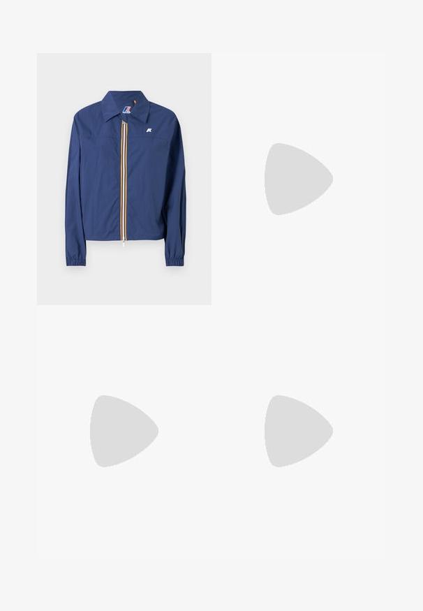 Navy blue jacket with a pointed collar, front zip closure featuring a multicolored stripe, elasticized cuffs, and a logo on the chest.; White cotton t-shirt, short sleeves, crew neck, featuring a small logo on the front and a black accent on the left sleeve.; Navy blue cargo shorts with an elastic waistband, drawstring, multiple side pockets, and orange accents on the side pocket openings.; White sneaker made of smooth synthetic material, featuring a rounded toe, lace-up design, flat sole, and subtle perforated detailing.