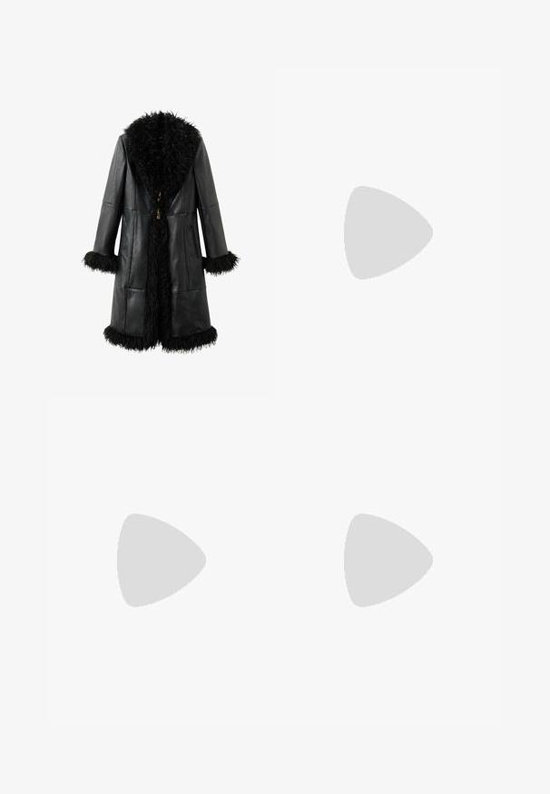 Black leather coat featuring a fluffy black fur collar and cuffs, a straight design, and wooden toggle closures. Two side pockets included.; Long-sleeve white crew neck T-shirt with a "WEEKDAY" label on the inside collar, laid flat on a light gray background.; Light blue denim wide-leg jeans with a high waist, button and zip closure, and a drawstring detail at the waist. Raw hem finish.; Black leather ankle boot with a pointed toe, smooth texture, and a mid-block heel. Minimalist design, zipper closure at the back.; Black oversized sunglasses with oval lenses, smooth plastic frame, and gold accents on temple. Dark lenses provide sun protection.; Black leather handbag with a curved design, two long handles, and silver hardware. Smooth texture with no visible patterns or accents.