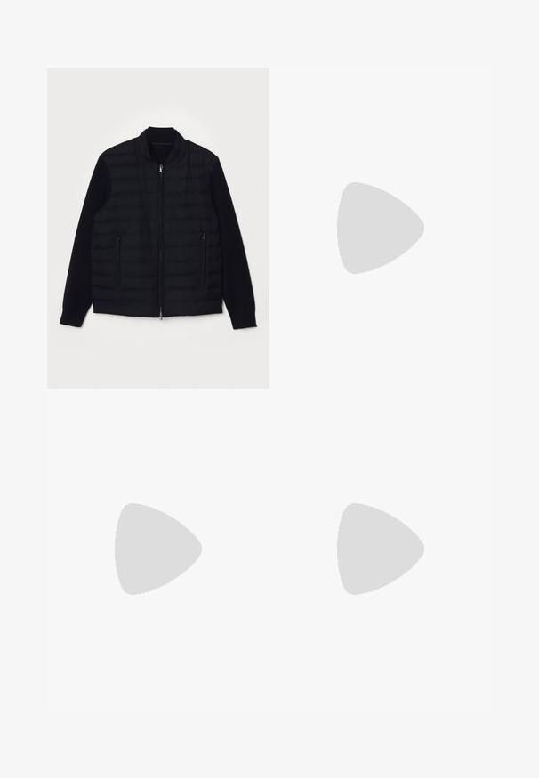 Emporio Armani JACKET - Down jacket - blue navy; White long-sleeve shirt made of linen. Features a classic collar, button front, and curved bottom hem with a textured, lightweight finish.; Tiger of Sweden TENUTA - Trousers - indigo; Tiger of Sweden ACADEMI - Slip-ons - black