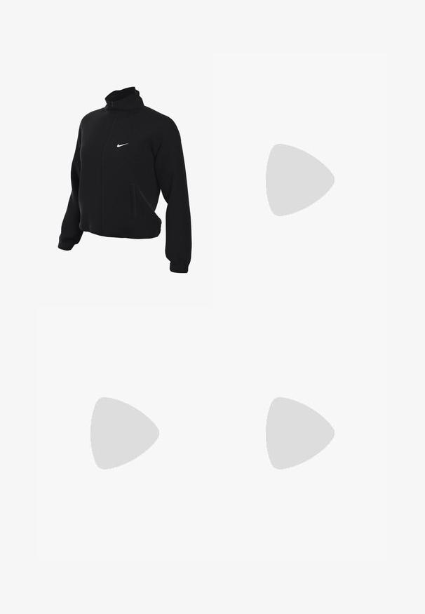 Zwarte Nike zip-up jack met hoge kraag, met een gladde textuur, twee zijzakken en een klein wit logo op de borst.; Nike dames voetbalshirt, blauw met rood en paars pixel patroon, korte mouwen, V-hals, witte kraag, met embleem en logo aan de voorkant.; Marineblauwe, lichtgewicht joggingsbroek met een elastische tailleband, koord, uitlopende benen en een klein wit Nike-logo aan de voorkant.; Zwarte leren en synthetische sneakers met witte Nike swoosh, rubberen gumzool, ronde neus en zwarte veters. Geribbelde witte sokken zichtbaar.