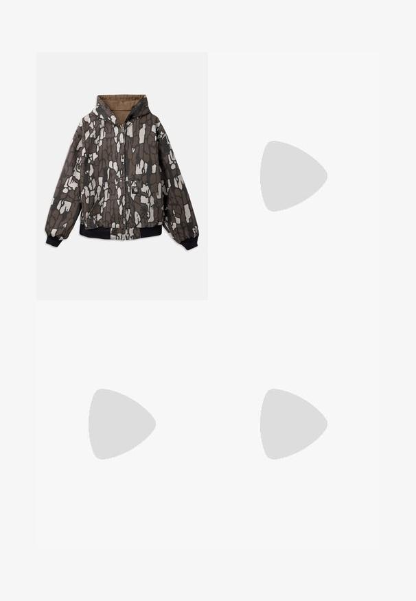 Hooded jacket in brown and gray, featuring a textured abstract pattern, zip front, two pockets, and elastic cuffs and hem.; Short-sleeve, crewneck t-shirt in light beige fabric. Features a small black oval patch with "L.L.S." logo on the chest.; Light blue denim jeans with straight leg design, featuring a mid-rise waist, five pockets, and a button and zipper closure.; Lightweight sneaker featuring a mesh and suede upper in soft cream tones, with a chunky sole and three-dimensional accents.