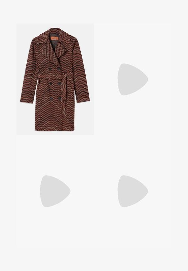 Double-breasted coat featuring a zigzag pattern in rust, black, and gold. Made of textured fabric with a notched collar and belt.; White ribbed tank top with a round neckline, featuring a thin texture and a leather label near the shoulder.; Flared pants featuring a wavy pattern in black, white, and shades of brown. Soft fabric with a stretchy waistband for comfort.; Brown suede ankle boot with a pointed toe and a thin, high heel. Features a sleek silhouette and smooth texture throughout.