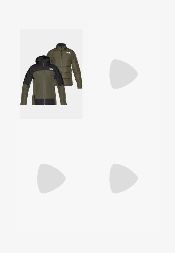 D dvije jakne: vodootporna, s kapuljačom zelena s crnim detaljima i lagana zelena puffer jakna. Obje imaju logotipe na prsima.; Bež majica od pamuka s kratkim rukavima, okruglim izrezom i malim crnim logotipom na lijevoj strani prsnog područja. Glatka tekstura, ležeran dizajn.; Maslinasto zelene hlače za vanjske aktivnosti, izrađene od lagane tkanine, s cargo džepovima, patentnim zatvaračima i logom na gornjem dijelu bedra.; Smeđe planinarske čizme sa sintetičkim gornjim dijelom, svijetloplavim okvirom, metalnim rupama za vezivanje i teksturiranom gumom potplatom. Dizajnirane za aktivnosti na otvorenom.