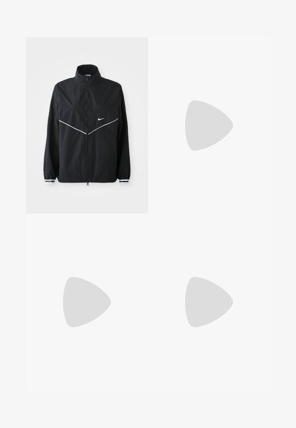 Svart vindjacka med hög krage, full dragkedja, vita accentlinjer och logotyp. Har elastiska ärmslut med kontrasterande kant. Lättviktigt material.; Kortärmad topp i mörkgrått med vertikala ränder. Har en dragsko i nederkant och en rund halsringning med en kontrasterande svart kant.; Vinröda träningsbyxor med ett vitt böjt randmönster, elastisk midja och smalnande muddar. Tillverkade av lätta, andningsbara material.; Svart läder snörboot med tjock sula med mönster och gul söm, upphängd mot en gul cirkulär bakgrund.