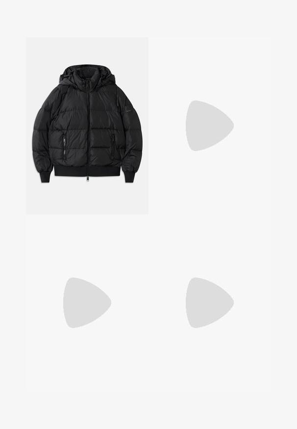 Black puffer jacket with a hood, zippered front, and two zippered side pockets. Features ribbed cuffs and hem, smooth shiny texture.; Black long-sleeve t-shirt made from cotton, featuring a round neckline and small white logo text on the chest. Smooth texture.; Black flared jeans made of denim, featuring two front pockets, a button closure, and a smooth texture. Signature stitching visible at seams.; Black chelsea boots made of smooth leather with elastic side panels, a thick, ridged rubber sole, and a pull tab at the back.