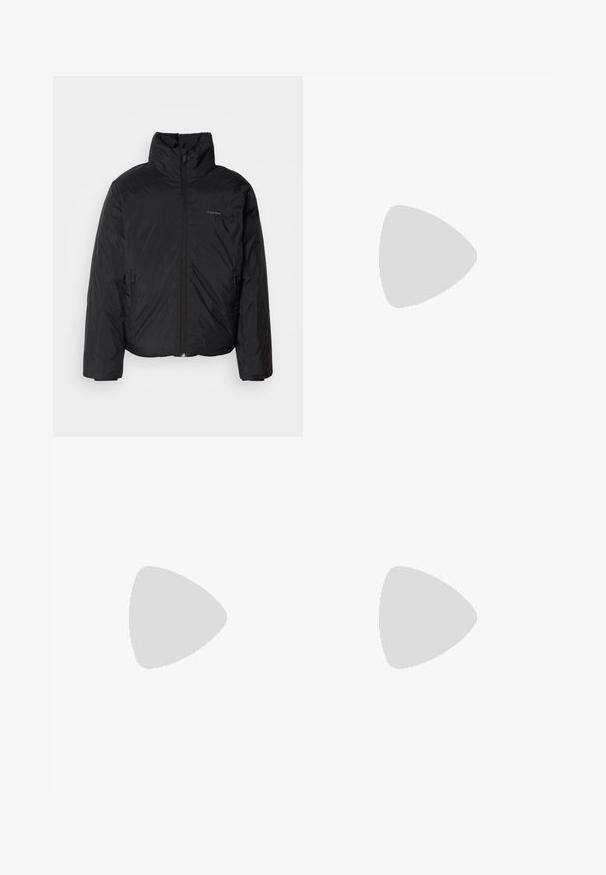 Black puffer jacket with a high collar, zipper front, and side pockets. Smooth, shiny texture with a minimal logo on the chest.; Black crewneck sweatshirt made of cotton, featuring a front graphic of "Calvin Klein" and the initials "ck" in contrasting gray.; Light blue denim jeans with a straight-leg cut, featuring five pockets, a button closure, and subtle fading on the fabric.; Black canvas sneaker with a gum rubber sole, featuring a silver "cK" logo on the side and a white accent at the heel. Low-top design.