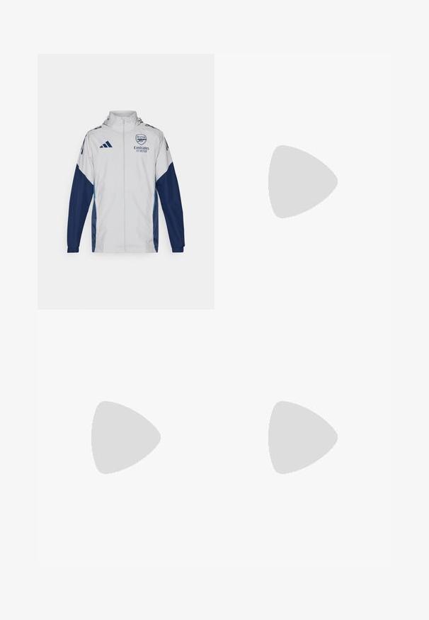 White track jacket with navy accents, featuring a full zipper, hood, and logo details. Made of lightweight, water-resistant material.; Teal and navy hooded sweatshirt with white Adidas stripes, logo, and "Emirates Fly Better" text. Soft fabric, athletic fit, and zipper.; Navy jogger pants made from lightweight fabric, featuring a blue accent, logo patch, and three white stripes along the lower legs.; Black athletic shoes with a textured mesh upper, white accent stripes, a cushioned sole, and a reinforced heel for support.