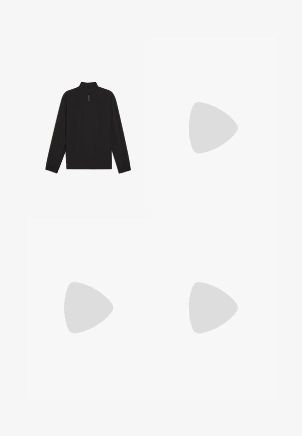 Zwarte lange mouwen jack met een opstaande kraag, afgewerkt met elastische manchetten, een rechte zoom en een verticale witte logo-detail op de rug.; Zwarte korte mouwen sportshirt gemaakt van textuurmesh stof. Heeft een ronde halslijn en een bedrukt "HYROX" logo op de voorkant.; Zwarte sportshorts van lichtgewicht stof, met een elastische tailleband en een klein wit Puma-logo aan de linkerkant.; Zwarte sportieve schoen met een gestructureerde mesh bovenkant, platte veters en een gevoerde zool met subtiele reflecterende accenten.