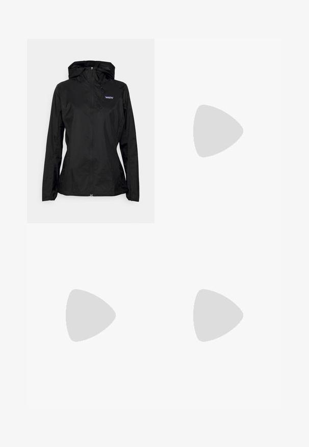 Black lightweight jacket with a hood, zip front, and elastic cuffs. Features a small embroidered logo on the left chest. Smooth texture.; Short-sleeve, crew-neck T-shirt in light beige cotton, featuring a small, tonal logo on the chest and a relaxed fit.; Black jogger pants with an elastic waistband, drawstring detail, and side pockets. Made from a smooth, lightweight fabric.; Black athletic shoes with a breathable mesh upper, rubber outsole, white cushioning midsole, and reflective laces. Vibram logo on outsole.