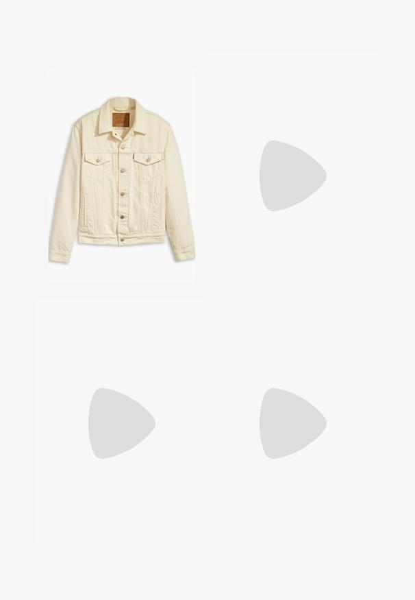 Levi's® THE TRUCKER - Denimová bunda - everlasting light; Zelená košeľa na gombíky, dlhé rukávy, bavlnený materiál, jedna náprsné vrecko, uvoľnený strih, jemná textúra a klasický design goliera.; Tmavomodré denimové jeansy s rovnými nohavicami, svetlým vyblednutím na prednej strane, piatimi vreckami a strieborným zapínaním.; Biele kožené nízke tenisky s perforovanou špičkou, plochými šnúrkami a minimalistickým dizajnom. Skombinované s svetlomodrými džínsami.