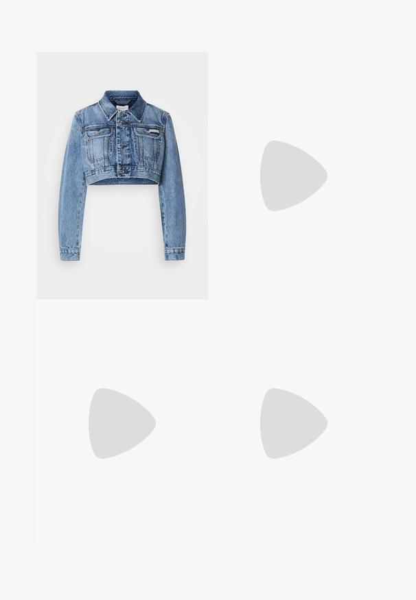 Light blue cropped denim jacket with front buttons, two chest pockets, and a classic collar. Features subtle fading and stitching details.; White short-sleeved cotton T-shirt with a high neckline and a straight fit. No visible patterns or accents. Seam details at shoulders.; Wide-leg white jeans made from cotton blend fabric. Features a zipper fly, five-pocket design, and stitching along the seams.; Black patent leather slingback shoe with pointed toe, two strap detail, gold circular accents, and a low block heel.