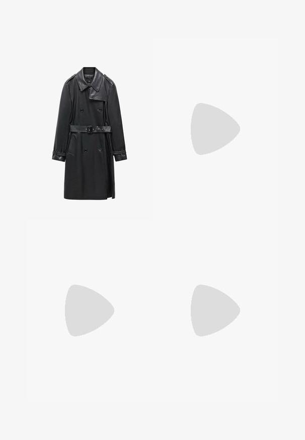 Trench coat negru, cu două brâuri, din piele, având talie cu centură, guler mare și buzunare laterale. Textură netedă cu accente șlefuite.; Două bluze cu mânecă lungă și guler înalt, una albă și una neagră, realizate dintr-un material neted și elastic, ambele având un design slim-fit.; Fustă neagră dintr-un material neted, cu un elastic în talie, croială dreaptă și o fenta laterală pentru a facilita mișcarea.; Cizme negre până la genunchi, din piele, cu o textură netedă, dotate cu o talpă groasă din cauciuc și un fermoar lateral pentru a fi ușor de încălțat.