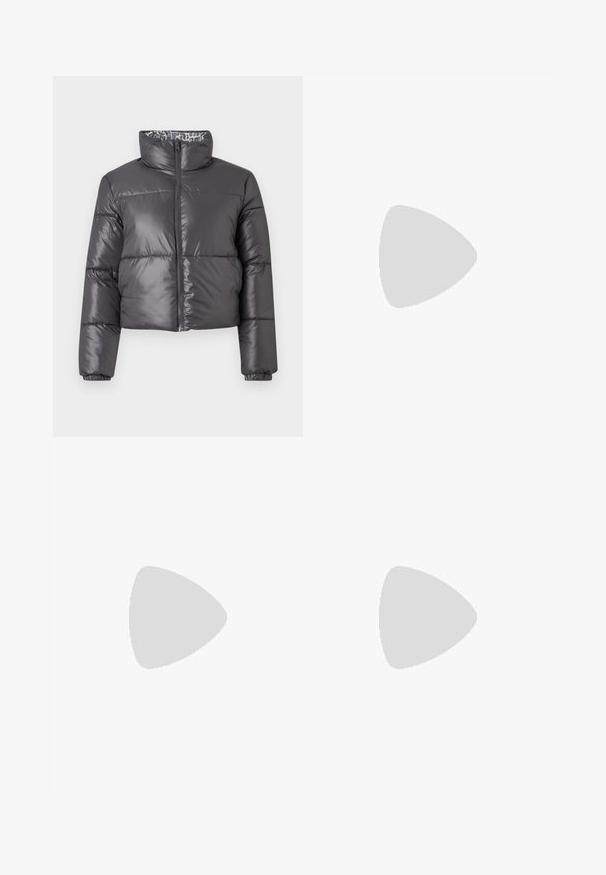 Black puffer jacket with a high collar, zip front, and quilted sections. Features a smooth, shiny exterior and a patterned lining.; Black sheer blouse with small heart patterns, long puffed sleeves, button-down front, and a classic collar.; Black faux leather flared jeans with front pockets, a metal button closure, and a slightly textured surface. Straight leg with a long cut.; Burgundy patent leather ballet flat with a rounded toe, small bow accent at the front, and a low, black rubber sole. Smooth texture.