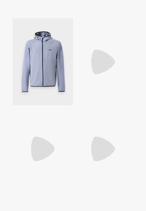 Light blue zip-up jacket with a hood, made of smooth fabric. Features black accents along the zipper and hem, with a logo on the chest.; Navy blue polo shirt made of knitted fabric with a short zip neckline, short sleeves, and a fitted hem. Features a subtle texture.; Navy blue wide-leg pants with an elastic waistband, featuring two front pockets and a smooth, lightweight fabric texture.; White leather sneaker with a smooth finish, round toe, flat laces, and a textured sole. Features a subtle logo on the heel.