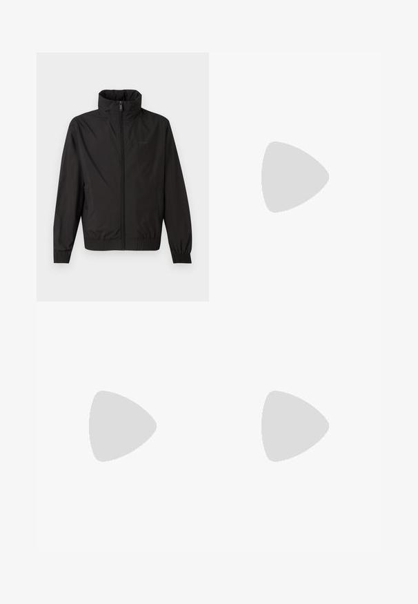 Calvin Klein Vodoodporna jakna - black; Črn kratkohlačnik s kratkimi rokavi iz bombaža, s središčno Calvin Klein logotipom v rdeči in beli barvi, z okroglim izrezom in sproščenim krojem.; Črne trenirke iz mehkega materiala, z elastičnim pasom, manšetami na konicah in majhnim logotipom na strani.; Črne usnjene športne copate s perforirano teksturo, okrogle toke in ravnim belim gumijastim podplatom. Imajo črne vezalke in diskreten logo ob strani.
