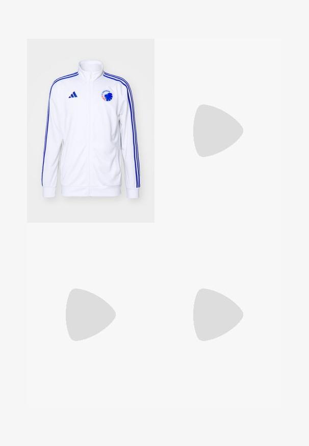 Veste de sport blanche avec des rayures bleues, fermeture éclair à l'avant et logo. Fabriquée en tissu lisse, elle présente des poignets et un ourlet côtelés.; T-shirt de sport gris clair à manches courtes, avec des accents blancs et un logo Adidas sur la poitrine gauche. Fabriqué en matériau respirant.; Shorts de sport gris clair avec une taille élastique, présentant des accents rayés blancs et gris au bas et un logo Adidas.; Chaussures de sport blanches avec un dessus en mesh texturé, une semelle rembourrée et un design à trois bandes sur le côté.
