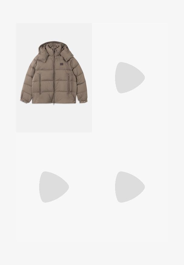 Puffer jacket in light brown, featuring a high collar, detachable hood, zippered front pockets, and horizontal quilting. Soft, insulated material.; Cream ribbed sweater with a zippered collar, long sleeves, and a relaxed fit, featuring textured knit pattern and elasticized hem.; NN.07 KAY - Trousers - off white; Beige suede sneaker with a low-top design, round toe, flat laces, and a textured rubber sole. Minimalist style with no visible logos.