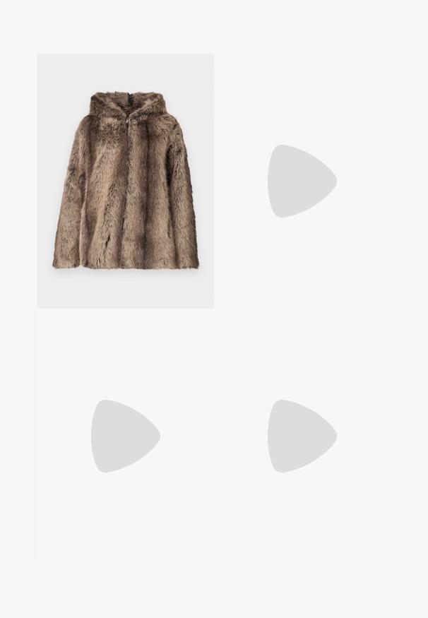 Faux fur coat in brown tones, featuring a hood, soft texture, and a relaxed fit. The fabric has varying lengths of hair for detail.; Black ribbed short-sleeve top with a square neckline, featuring lace trim at the collar and sleeves, and a scalloped hem.; Black flared jeans made of cotton blend, featuring a smooth texture, gold-tone hardware, two front pockets, and stitched detailing.; Black leather ankle boot with pointed toe, block heel, and side buckle detail. Features smooth texture and a pull tab at the back.