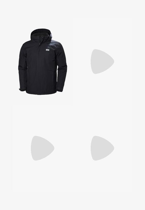 Zwarte waterdichte jas met een capuchon, ritssluiting aan de voorkant en twee zijzakken. Heeft een logo op de linkerkant van de borst en elastische manchetten.; Drie eenvoudige witte katoenen T-shirts met korte mouwen. Elk shirt heeft een ronde halslijn en een klein zwart logo-label aan de linkerkant.; Grijze cargobroek van duurzaam materiaal. Kenmerken zijn een elastische tailleband, twee grote zijzakken en een rechte pijp.; Witte sneaker met groene accenten, leren bovenwerk, geperforeerde teen, vetersluiting en gestructureerde rubberen zool. Heeft een prominent "N"-logo.