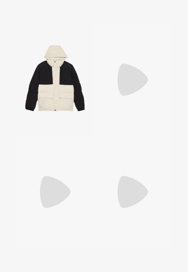 Padded jacket with a black upper section and cream lower section, featuring a hood and two front pockets. Textured fabric and snap closure.; Light blue cotton t-shirt with a round neckline and short sleeves. Front graphic features a palm tree and beach elements in dark brown.; White linen trousers with a relaxed fit, featuring a drawstring waist, side pockets, and smooth, lightweight texture.; Person wearing black ribbed sole sneakers and black jeans standing on light wooden floor.