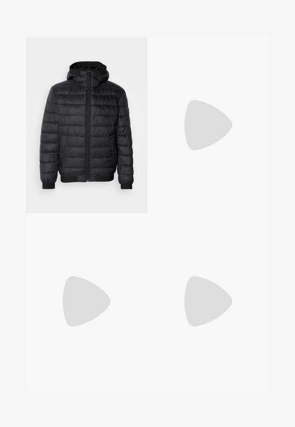 Svart puffjakke med hette, med quiltepolstring, frontglidelås og elastiske mansjetter og hem. Glatt, vannavstøtende materiale.; Hvit bomull t-skjorte med avslappet passform, med en liten svart grafisk logo på venstre brystområde. Korte ermer, rund hals.; Sorte shorts laget av mykt stoff, med maroon sidepaneler, hvit piping og en liten hjerte-logo på kanten. Elastisk midje for komfort.; Hvite sporty sko med mesh- og lærdetaljer. Har en gull "BOSS"-logo, teksturerte sidepaneler og en svart hælbru. Gummisåle.