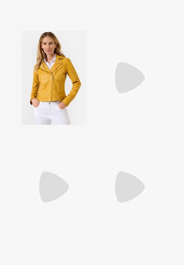 Yellow leather motorcycle jacket with a fitted design, zip closure, and silver hardware accents, paired with white pants.; Black crop top with textured fabric, wide straps, and a V-shaped back design. Features a minimalist aesthetic and subtle logo detail.; Olive green cargo pants made of durable fabric; feature wide legs, multiple side pockets, and a front button closure.; Black and gray sneaker with a mix of suede and mesh materials, thick sole, prominent logo, and red accent on the tongue.