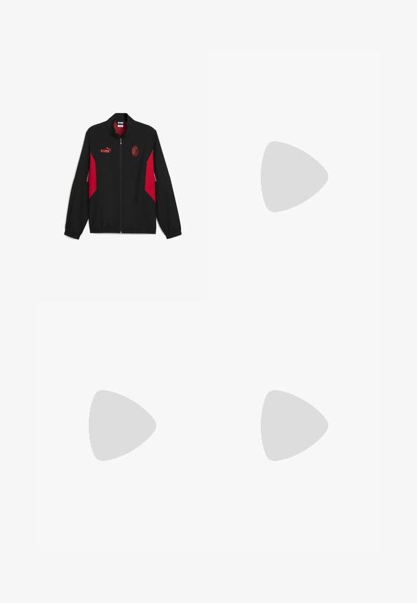 Zwarte zip-up jas met rode zijpanelen, voorzien van het Puma-logo en het AC Milan-embleem op de borst. Gemaakt van lichte stof met elastische manchetten.; Witte sportshirt met korte mouwen, voorzien van een geel BVB-logo, gele accenten en een ritszak aan de voorkant aan de linkerkant. Lichtgewicht materiaal.; Zwarte cargobroek van katoen met een slim fit, voorzien van meerdere zijzakken, een ritsfly en een patchdetail op het linkerbeen.; Zwarte sportieve schoen met een glad synthetisch bovenwerk, gestructureerde accenten en een gumrubberen zool, ontworpen voor prestaties en comfort.