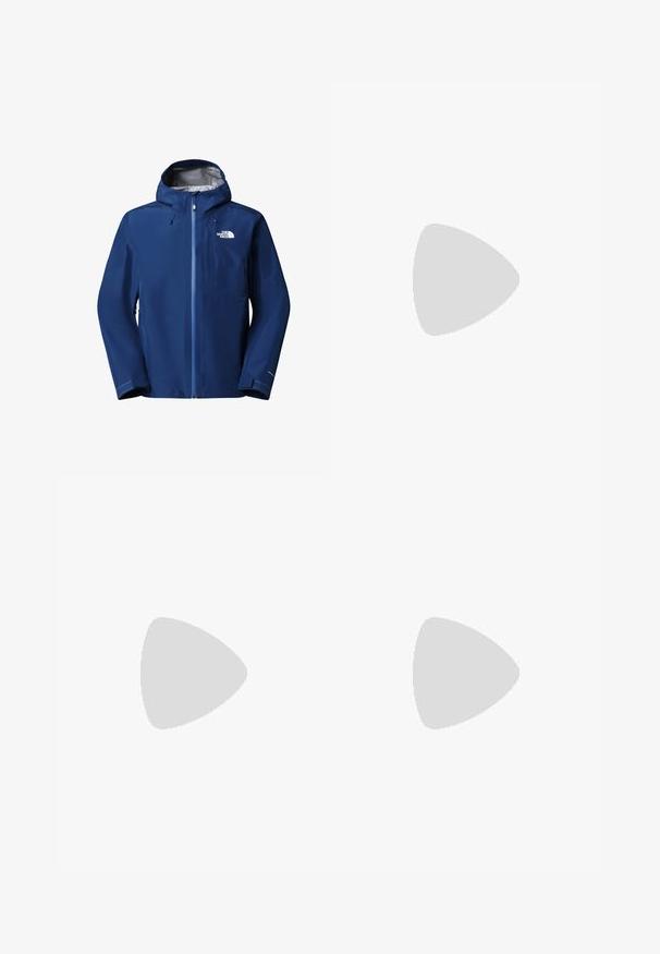 Chaqueta azul impermeable con capucha para hombre, con cremallera frontal, puños ajustables y el logo de The North Face en el pecho.; Jersey de ciclismo verde oscuro con mangas cortas, cremallera frontal y un sutil detalle de logo. Elaborado con material ligero y transpirable.; Pantalones deportivos negros hechos de un tejido ligero, con una cinturilla ajustable, bolsillos laterales y puños ajustados en los tobillos.; Zapatos deportivos negros con una suela gruesa, parte superior de malla y sintético, acentos texturizados y marca Vibram en la suela exterior.