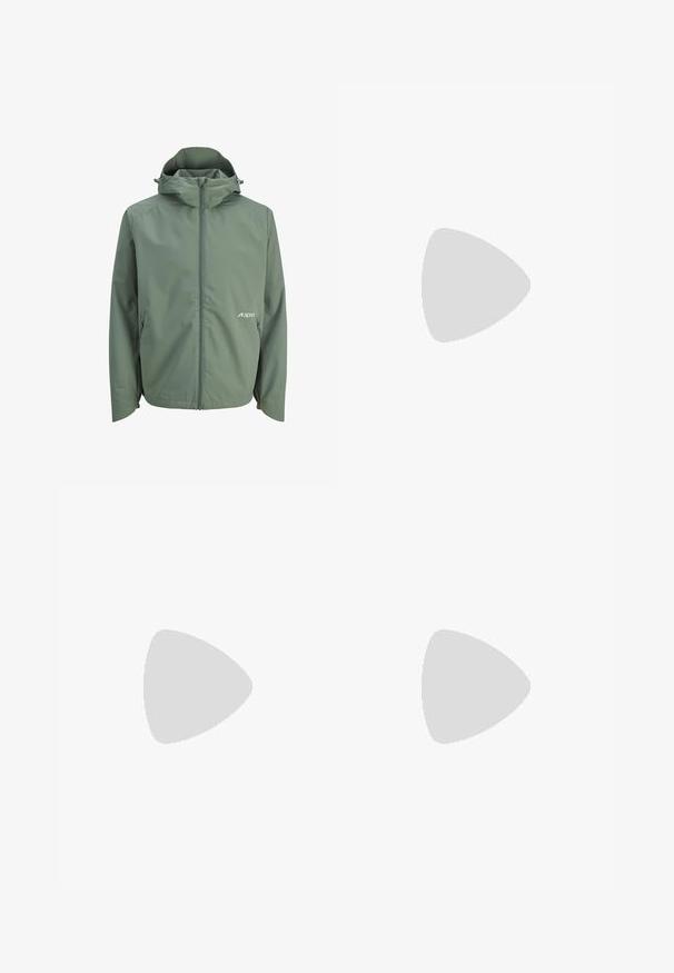 Roheline kerge jakk, millel on lukuga sulgemine, reguleeritav kapuuts, küljetaskud ja diskreetne logo vasakul rinnal. Sujuv ja vastupidav kangas.; Valge puuvillane t-särk lühikeste varrukatega, ümmarguse kaelusega, lõdva lõikega ja ilma nähtavate logodeta või mustriteta. Sile tekstuur ja minimaalne disain.; Kõrgema vöökohtadega, lõdva lõikega teksad, mis on valmistatud tuhmist mustast denimist. Selles on viis taskut, traksid ja puhas, sirge säärelõige.; Mustad mustad lühikesed püksid valge äärise ja logoga, valged sport kingad ja korvpall hüppe peal rohelisel väljakul, kus on nähtav vari.