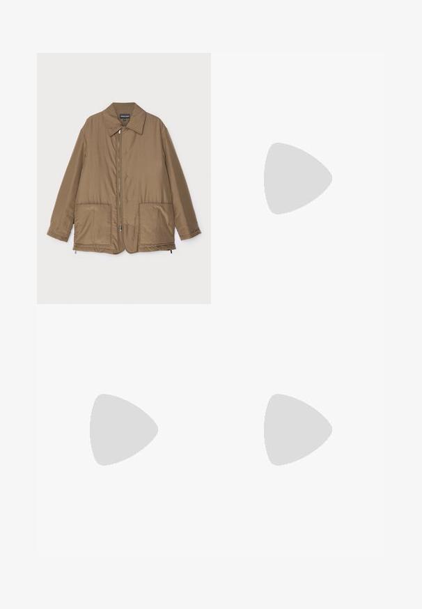 Brown padded jacket with a collared neck, front zip closure, two large pockets, and slight sheen. Simple design with a relaxed fit.; Short-sleeve polo shirt in light beige with a zippered collar. Made of smooth fabric, features a simple, modern design without patterns.; Khaki trousers made from textured fabric, featuring a high waist, pleats, and rolled cuffs, with a single button closure at the waistband.; Black leather loafer with a rounded toe, subtle stitched detailing, and a low heel, featuring a smooth texture and minimalist design.