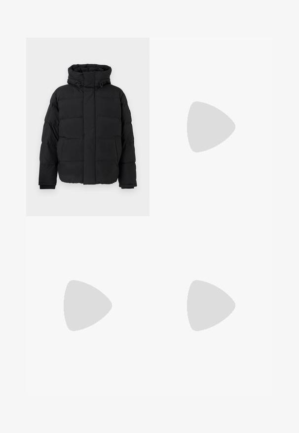 Black puffer jacket, quilted design with horizontal seams, high collar, adjustable drawstrings, and ribbed cuffs. Soft matte texture.; Burgundy long-sleeve shirt made of cotton, featuring a button-down collar, front button closure, and a small logo on the chest.; Beige tailored shorts with a flat front, two side pockets, and a single button closure. Made from a lightweight, smooth fabric.; Brown leather dress shoe with a rounded toe, contrasting stitching, lace-up design, and a textured black rubber sole.; Black leather crossbody bag with a textured finish, featuring a zip closure and adjustable strap. Logo patch on the front. Rectangular shape.